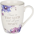 Christian Art Gifts Scripture Ceramic Encouraging Coffee and Tea Mug for Women: Trust in the Lord - Proverbs 3:5 Inspirational Bible Verse Cup for Hot and Cold Beverages, White & Purple Floral, 12 oz.