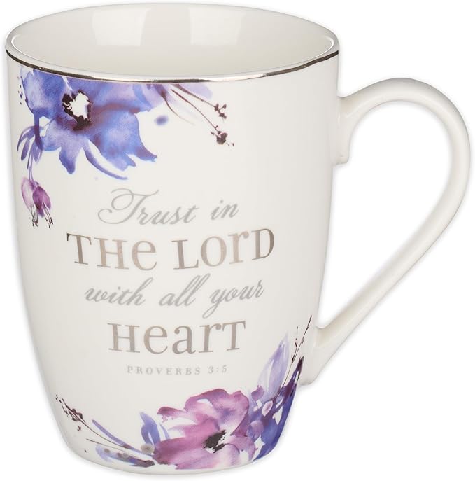 Christian Art Gifts Scripture Ceramic Encouraging Coffee and Tea Mug for Women: Trust in the Lord - Proverbs 3:5 Inspirational Bible Verse Cup for Hot and Cold Beverages, White & Purple Floral, 12 oz.