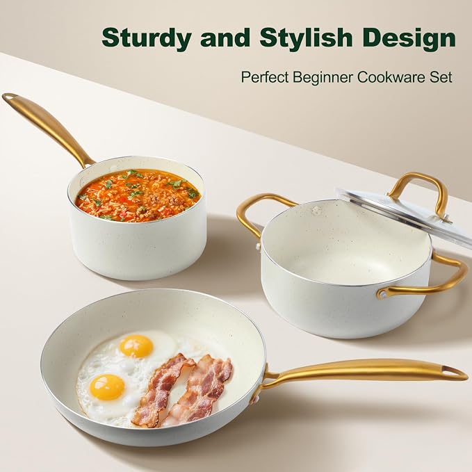 M MELENTA Pots and Pans Set 7 piece, Non Stick White Granite Cookware Set | Compact Starter Cookware, Nonstick Pots and Pans Set, Induction Cookware, Kitchen Cooking Set, Oven Safe, PFOA Free