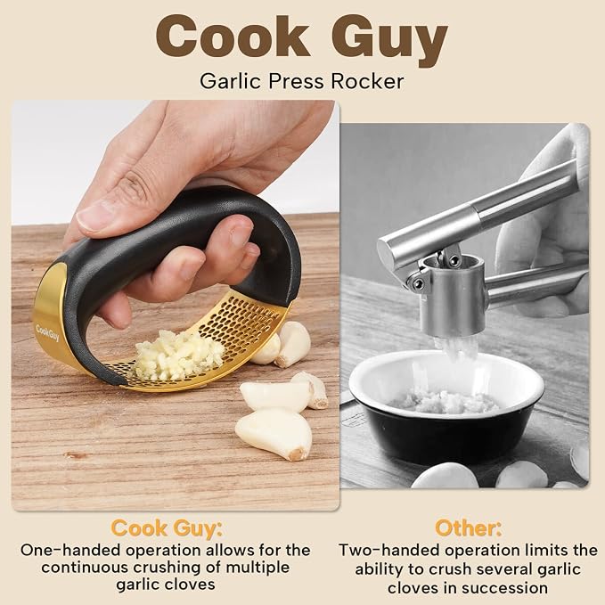 Cook Guy 304 Stainless Steel Garlic Press Rocker Set | Premium Garlic Mincer, Crusher, Peeler, and Scraper Tool for Effortless Mincing - Comfortable Grip Garlic Grinder (Gold)