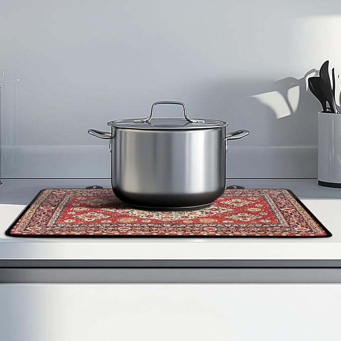 Vintage Red Boho Floral Stove Top Covers for Electric Stove, Bohemia Ethnic Style Glass Stovetop Cover with Lanyard Rug Carpet Pattern Countertop Protector Mat for Kitchen 28 x 20 Inch