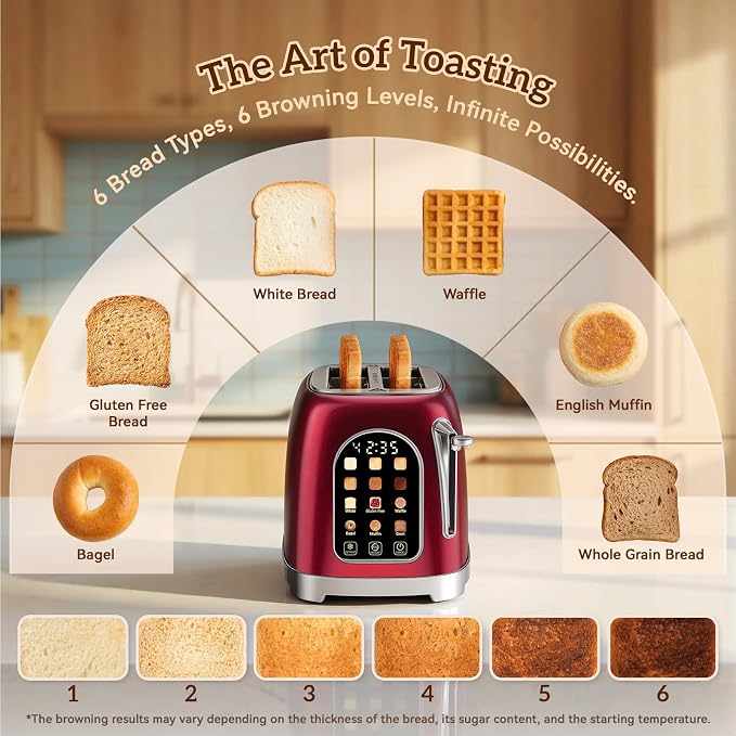 RONGBEST Retro Stainless Steel 2 Slice Toaster with Touchscreen Wide Slot for Family Breakfast Bagel & Bread, Reheat & Defrost, 6 Browning Levels, Removable Crumb Tray, Red Pearl