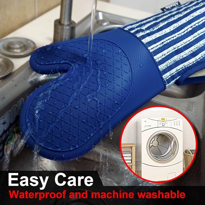 Alselo Silicone Oven Mitts Heat Resistant 932℉ with Waterproof & Non-Slip | Kitchen Mittens Set of 2,Extra Long 7.5"x15" Oven Gloves with Soft Cotton Terry Lining for Baking Cooking BBQ(Cobait Blue,2)