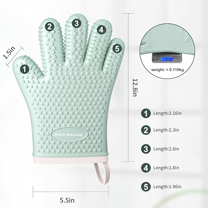 MAD SHARK Silicone Oven Mitts with Fingers Heat Resistant 450°F in Kitchen | Waterproof & Non-Slip Oven Gloves,Cotton Lined Silicone Kitchen Mitts for Baking Cooking Barbecue,Women (Green)