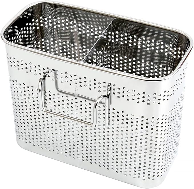 Kitchen Utensils Chopsticks Holder Drying Rack Basket with Hooks 2 Divided Compartments Quality Stainless Steel Large L5.4 X H4.3 X W2.6