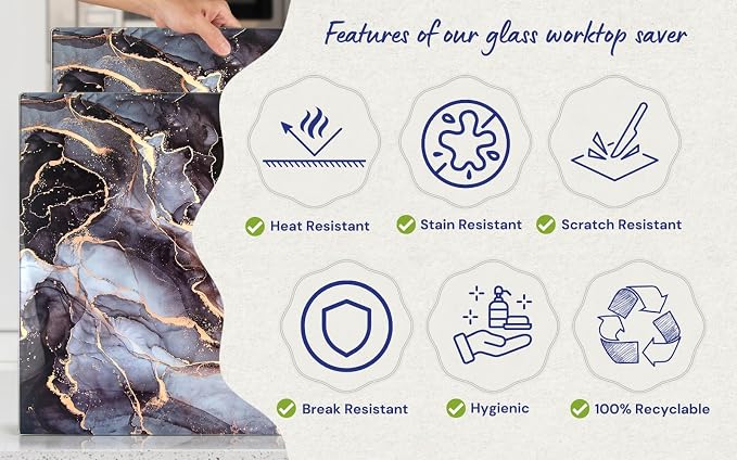 Glass Cutting Board 20”x16”: Tempered Glass Kitchen Counter Protector - Durable- Scratch-Resistant, Heat-Proof - Design 8 - Grey & Gold