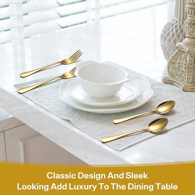12 Pieces Spoons and Forks Set,Food Grade Stainless Steel Flatware Cutlery Set,6 Forks(6.8 inch)and 6 Spoons(6.6inch)Silverware Set for Home,Kitchen,Restaurant-Mirror Polished & Dishwasher Safe(Gold)