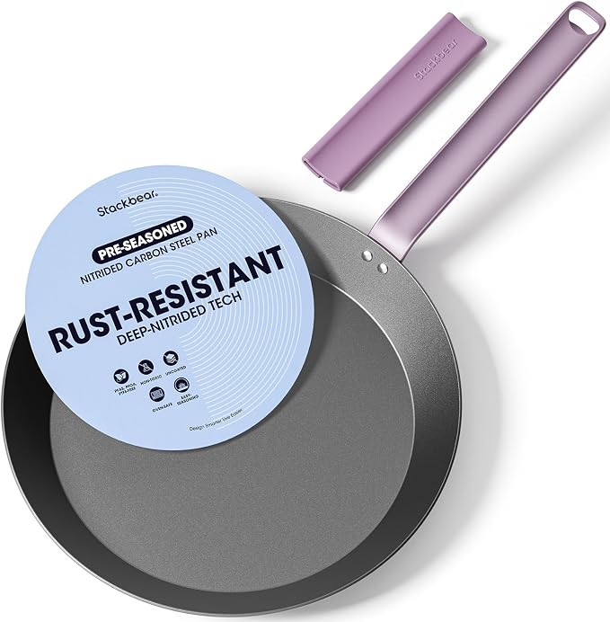 Carbon Steel Skillet 12 Inch, Nitrided Steel Frying Pan, Preseasoned Rust Resistant Large Cooking Pan with Ergonomic Handle & Removable Silicone Grip, Induction & Oven Safe | Natural Patina Development with No Chemical Coating; Spacious Cooking Surface...