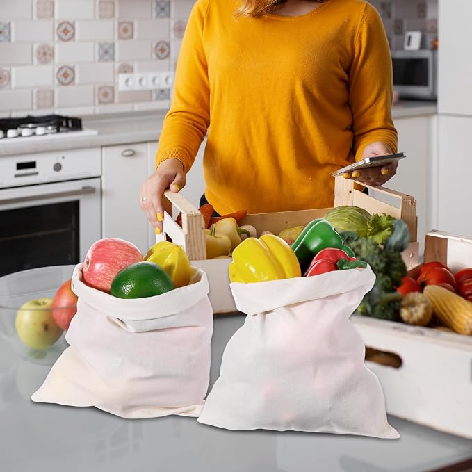 10 Pcs Reusable Produce Bags, 12"x10" Natural Linen Bread Bag Muslin Bags with Drawstring, X-Large Washable Fabric Multipurpose Canvas Cloth Gift Bag for Kitchen Food Storage, Shoe Grocery Organizer