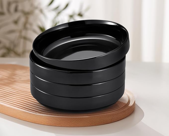 KooK Pasta Bowl, Bowl Plate, Low Bowl, Plate Bowls, Ceramic Large Shallow Bowls, Microwave and Dishwasher Safe, Great for Soups and Salads, Glossy Porcelain, 47 oz, Set of 4, Black