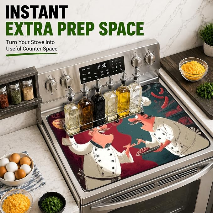 Electric Stove Top Cover for Glass Top, Funny Chef Pizza Decor – Heat Resistant Flat Stove Top Covers, Decorative Scratch Protector Mat for Glass Ceramic Cooktop, Non-Slip, 28"x20"