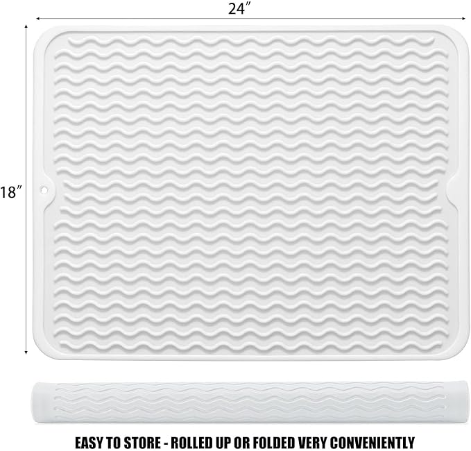 Silicone Dish Drying Mat, Non-Slip Easy Clean Sink Mat, White, 24" x 18" | Quick-Dry Ridges, Large Heat-resistant Dish Drainer Mat for Kitchen Counter, Hangable & Roll-Up for Storage, Dishwasher Safe