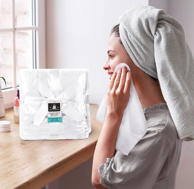 Towel and Linen Mart 100% Cotton- Wash Cloth Set -Pack of 4,Quick Dry,Luxurious,Absorbent,Soft Feel Spa & Hotel Perfect for Daily Use (12X12 White)