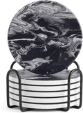 LIFVER Coasters Set of 6, Coasters for Drinks Absorbent Stone with Holder, Black Marble Style Ceramic Drink Coaster for Tabletop Protection, Coffee Table Decor Ideal for Home Decor House Warming Gifts