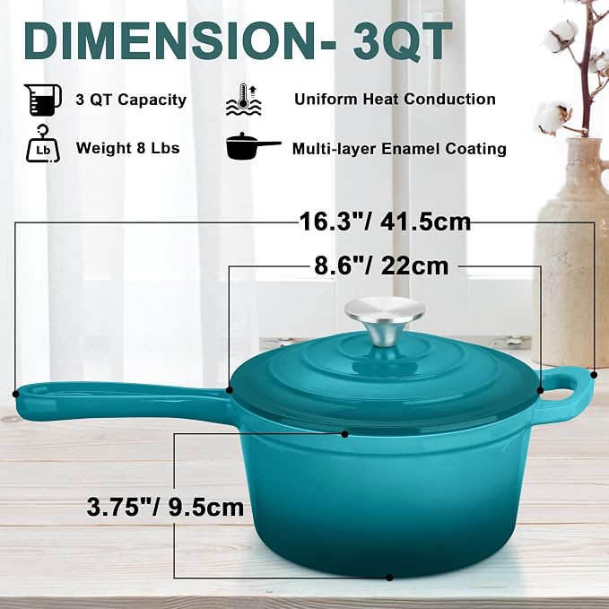 Leonyo 3 Qt Saucepan with Lid, Enamel Cast Iron Dutch Oven Pot, Lake Green | For All Cooktops Cooking Pasta, Milk, Soup- Up to 500°F & 8Lbs