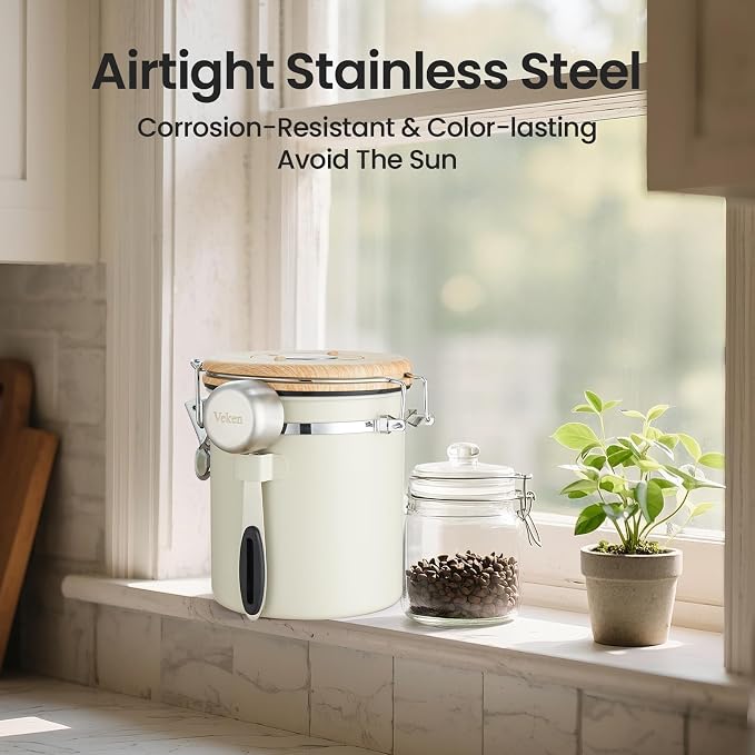 Veken Coffee Canister, Airtight Stainless Steel Food Storage Container,16OZ | Date Tracker, Kitchen Jars for Beans,Ground, Espresso, Rice,Tea, Sugar,Cereal,Cookie, Bar Accessories,Gifts, Lids,Scoop,Cream