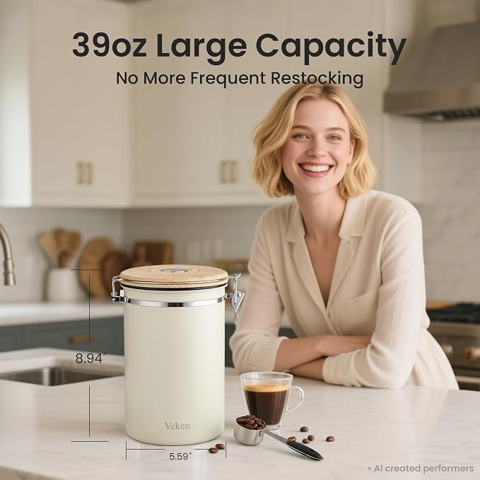 Veken Coffee Canister,39OZ, 2.2lbs,Large Airtight Stainless Steel Container | Gifts, Kitchen Food Storage Jars for Beans, Ground, Espresso, Rice, Tea, Sugar, Cereal, Cookie, Lids,Scoop,Cream