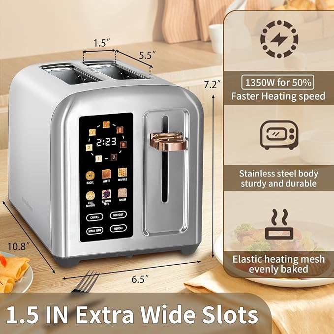 SEEDEEM 2 Slice Stainless Steel Toaster, Touch LCD, 7 Shade, 1350W | 6 Bread Type, 7 Shade Setting, 1.5''Wide Slots, Removable Crumb Tray