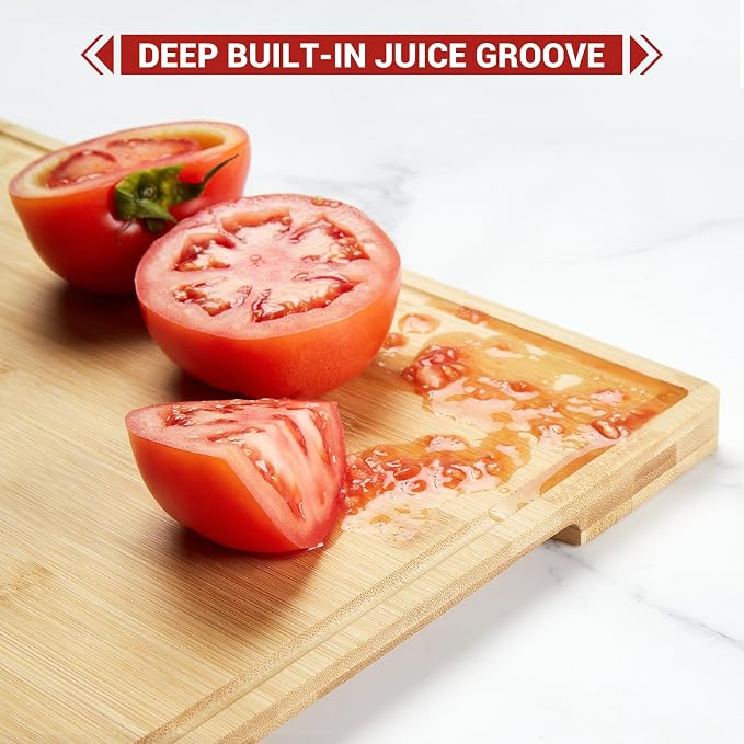 GarveeHome Bamboo Cutting Board Set of 3, Kitchen Cutting Board Set With Holder, Chopping Board Set With Deep Juicy Groove and Back Inner Handles for Meat, Vegetables and Fruit
