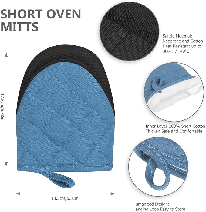 1 Pair Short Oven Mitts - Silicone Kitchen Oven Gloves High Heat Resistant 500℉, Mini Oven Mits with Non-Slip Grip Surfaces and Hanging Loop for BBQ, Baking, Cooking and Grilling (Bule)