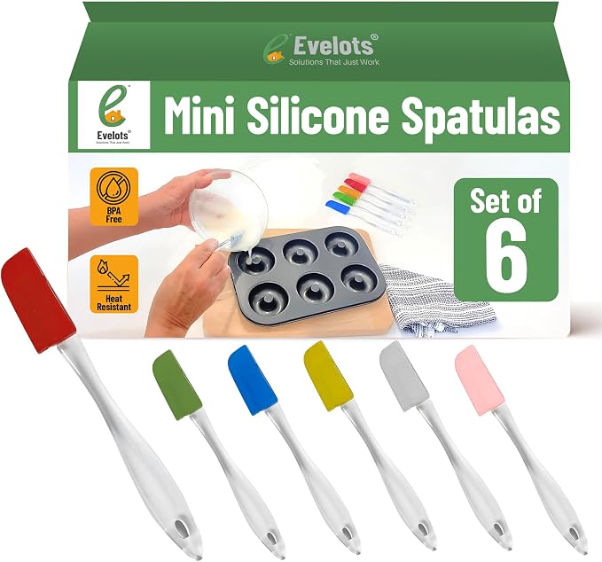 Evelots 6-Piece Mini Spatula Set, Small Silicone Spatulas for Baking | Small BPA-free silicone utensils resist heat up to 446°F; ideal for mixing, scraping, spreading & reaching jars and bowls.