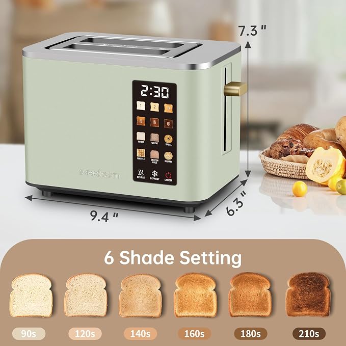 SEEDEEM Touchscreen Toaster 2 Slice, Stainless Steel, 6 Shade, 900W, Green