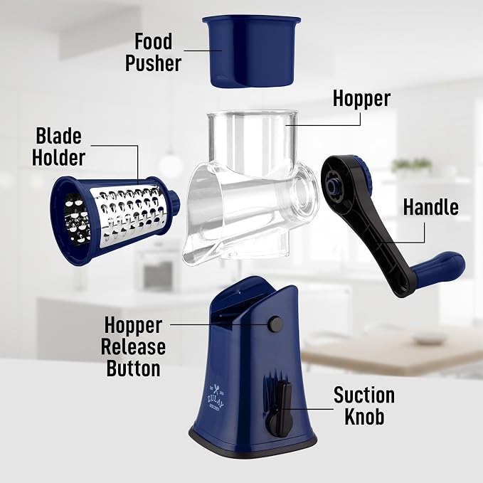 Zulay Kitchen Rotary Cheese Grater 5 Blade Cheese Shredder - Manual Hand Crank Cheese Grater With Reinforced Suction & 5 Interchangeable Drums - Easy to Use, Vegetable Chopper Round Mandoline Slicer