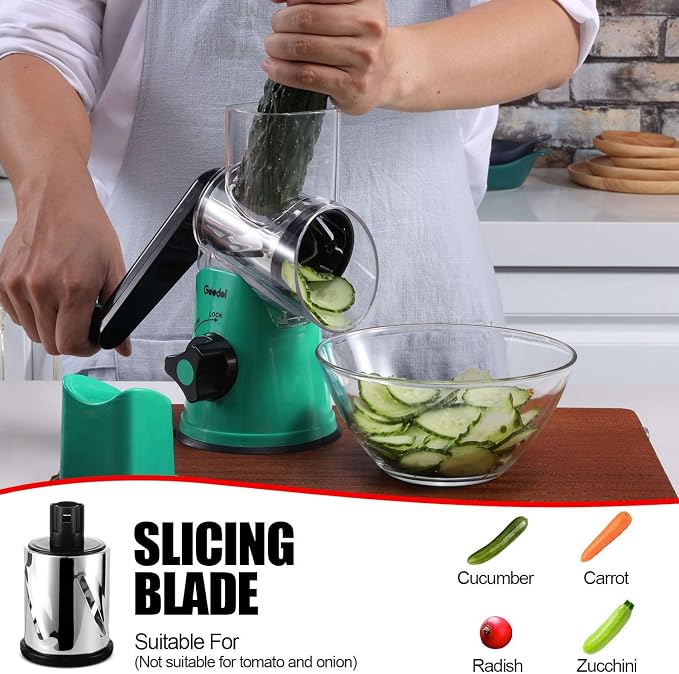 Geedel Rotary Cheese Grater Hand Crank, Cheese Shredder Vegetable Slicer | 3 Blades, 430 Stainless Steel, 12x Fast Cutting, Strong Suction Base, No BPA, Dishwasher Safe, for Cheese, Veggie, Nut