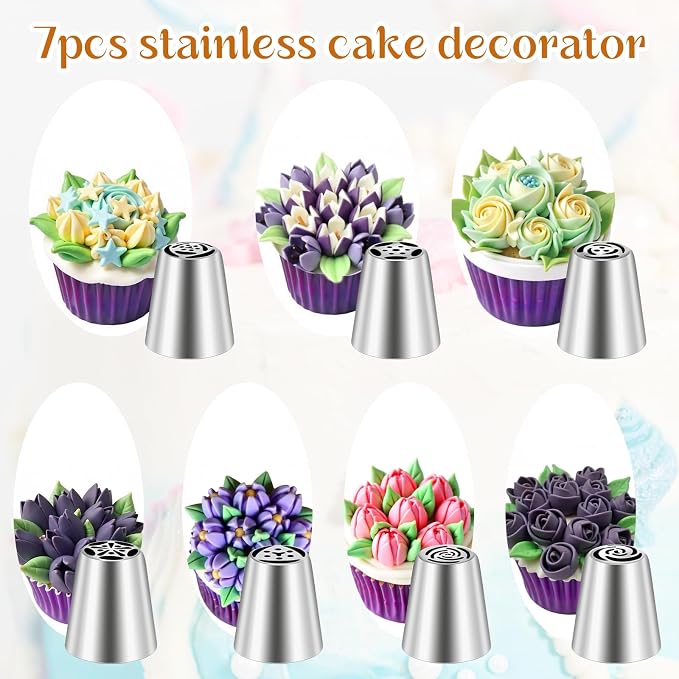 7 Pcs Piping Tips Round Hole Cake Frosting Nozzles Set Stainless Steel Cupcake Decorating Tool Russian Pastry Icing Dispensers for Baking Cookies Puff Cream Bag Filler (Russian medium)