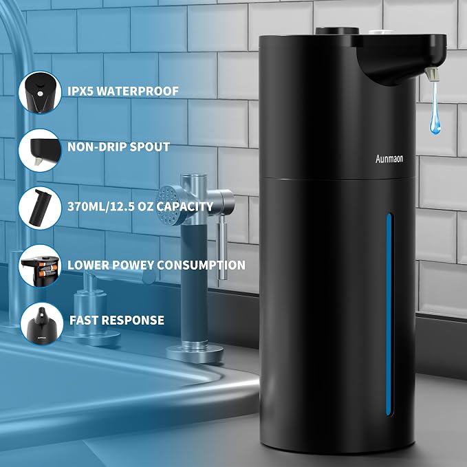 Automatic Soap Dispenser Touchless,15-Level,Kitchen Bath Black | Hands-Free,15-Level Dial Control,Thick & Thin Soap Compatible,Long Battery Life,Easy for Toddlers,Wall Mountable