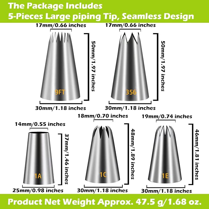 Suuker Large Piping Tips Set, 5 Cake Decorating Tips, 1A 1E 1C 9FT 356 | 5 Large Icing Tips In Round, Open Star, Closed Star, French Star and Drop Flower Shapes for Cakes, Cupcakes and Cookies