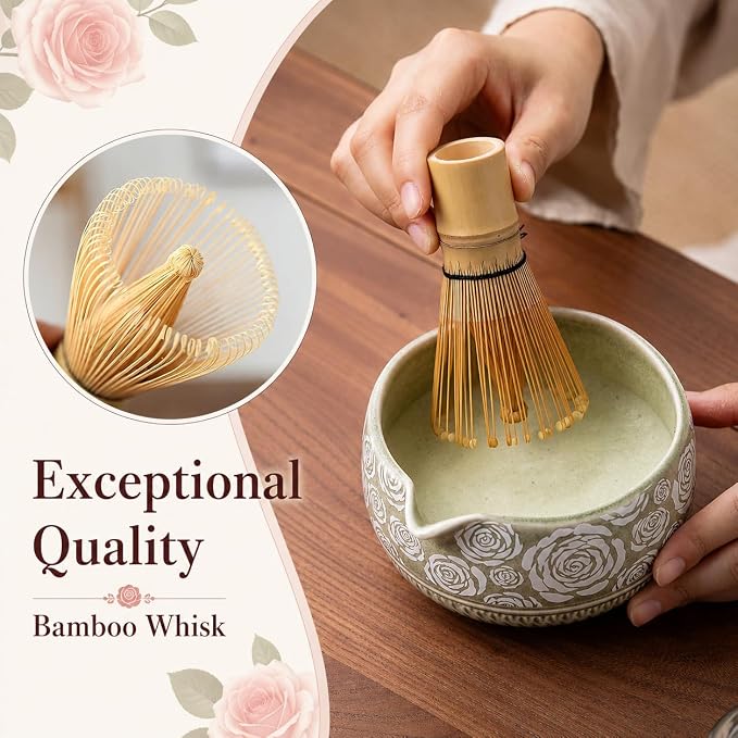 Matcha Whisk Set, 7-Pc Ceramic Matcha Bowl Kit, Bamboo Whisk,（Rose Green） | Buucup Matcha Making Set,Includes Matcha Bowl, Matcha Whisk and Holder, Bamboo Scoop, Scoop Rest, Sifter and Tea Towel