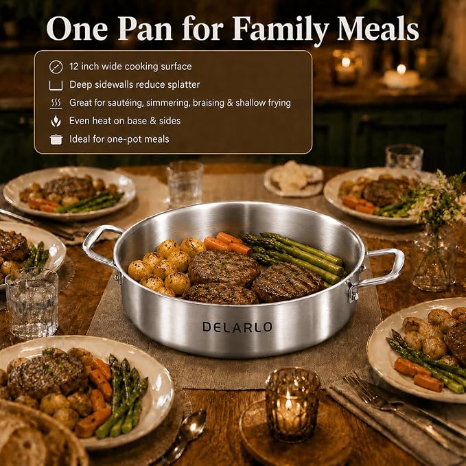 DELARLO Stainless Steel Pans,6QT Saute Pan,12 inch Everyday Pan with Lid,Dishwasher-Friendly Braiser,Stay-Cool Handles,Oven-Safe Up to 660℉