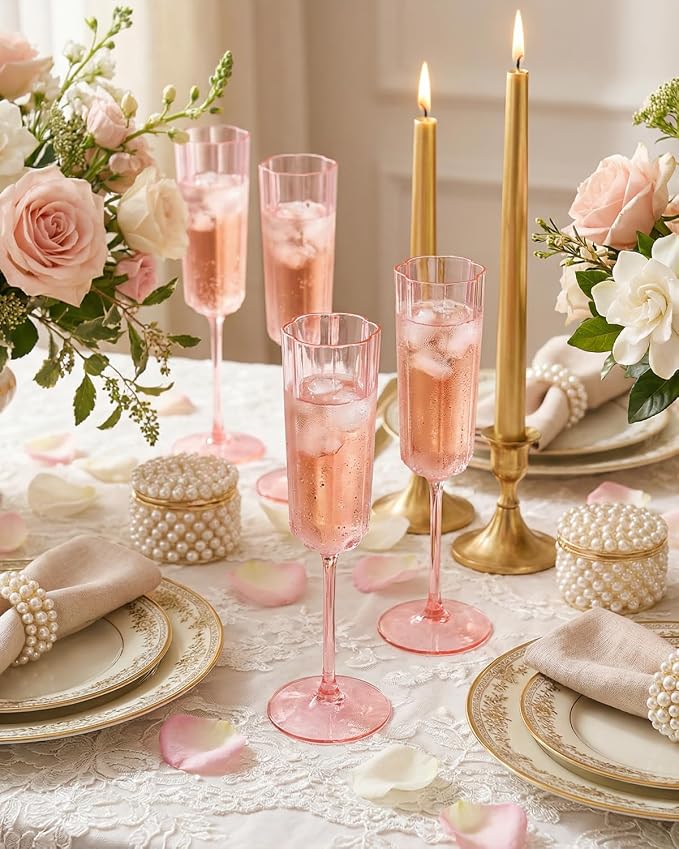 Ciaell 24 Pack Pink Plastic Champagne Flutes for Weddings Birthdays | 6 oz Pink Vintage Flower Wavy Toasting Cups, Heavy Duty Plastic, Champagne Wine Mimosas Cocktails for Parties Bars