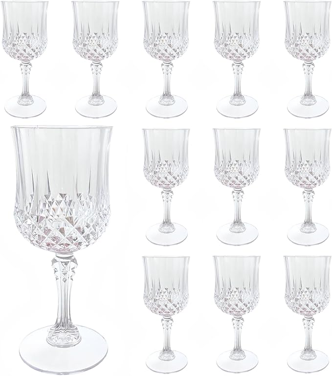 12Pack Plastic Wine Glasses, 7oz Vintage Goblets for Wedding | Unbreakable Crystal Style Reusable Stemware, Elegant Clear Drinking Glass for Party Anniversary & Holiday Celebration