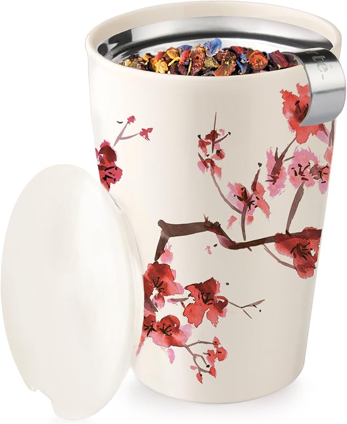 Tea Forte Double-Walled Ceramic Kati Cup, Removable Stainless Steel Infuser Basket and Lid, Steeps 12 oz Loose Leaf Tea, Dishwasher & Microwave Safe, Cherry Blossom | Insulated Ceramic - Stainless Steel Loose Leaf Infuser - Keeps Tea Hot Longer - Lid I...