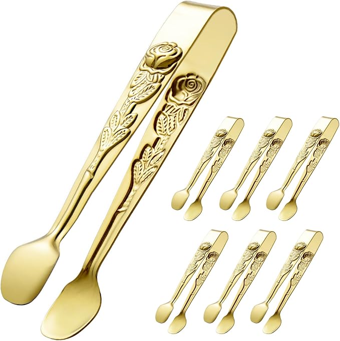 HINMAY 6PCS Mini Serving Tongs 5" Small Rose Appetizer Tongs (Gold) | Tiny Metal Tong for Tea Party, Coffee Bar, Desserts