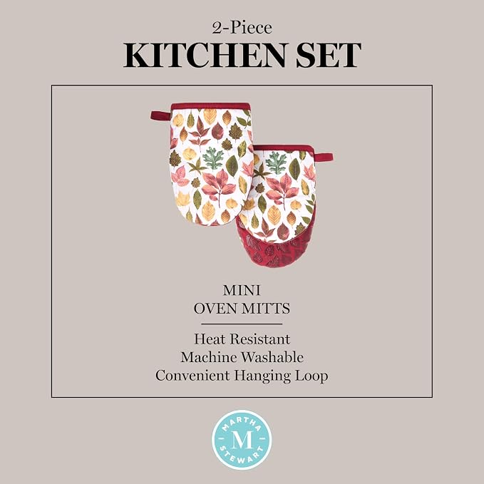 MARTHA STEWART Autumn Harvest Falling Leaves Mini Oven Mitt 2-Pack Set, 100% Cotton with Decorative Non-Slip Silicone Grip, Heat Resistant, Tan/Red/Green, 5.5"X8"