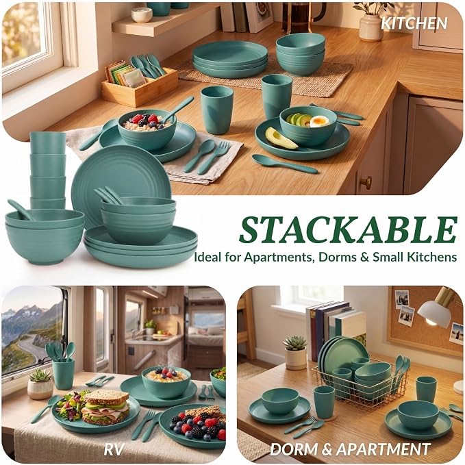 Wheat Straw Dinnerware Sets, Homienly 20pcs Unbreakable Microwave Dishwasher Safe Tableware Lightweight Bowls, Cups, Plates Set Reusable Dinner Plates Bowls set (Green)