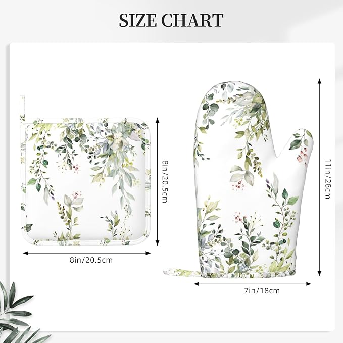 Sage Green Eucalyptus Oven Mitts and Pot Holders Sets Silicone Watercolor Butterfly Leaves Kitchen Mitts Potholders Heat Resistant 4Pcs Oven Gloves Hot Pads for Kitchen Baking Cooking