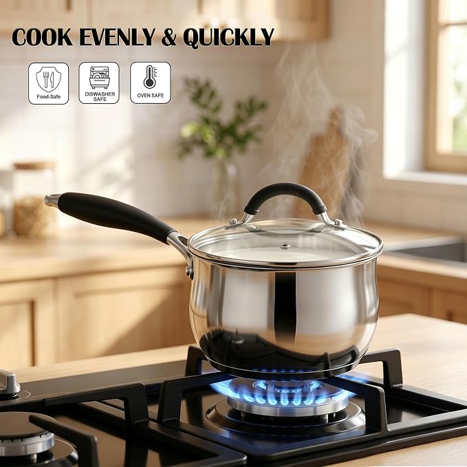 E-far 1 Quart Saucepan with Lid, Small Stainless Steel Sauce Pan for Milk | Tri-Ply Base, Multipurpose Pot for Kitchen Cooking, Compatible with All Cooktops, Silicone Handle, Non-toxic, Dishwasher Safe