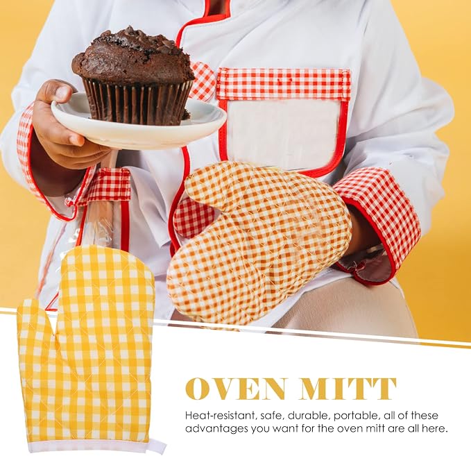 2Pcs Oven Mitts for Play Kitchen, Anti- Scald Gloves Microwave Oven Gloves Kitchen Mitts for Safe Baking Cooking (Yellow Checkered)
