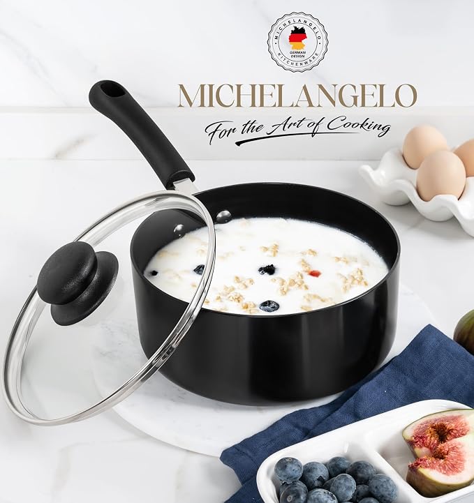 MICHELANGELO Nonstick Saucepan with Lid, Ceramic Sauce Pan Sets, Easy to Clean Sauce Pans, Multi-Purpose Cooking Pots, 2QT, Black