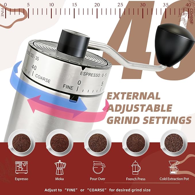 Manual Coffee Grinder, 40 External Settings, Ceramic Burr | Stainless steel portable coffee mill for espresso, pour over, French press and travel