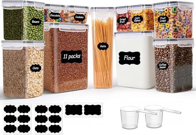 ComSaf Airtight Food Storage Containers with Lids 7size 11Pack, Stackable | Plastic Canister, Flour Sugar Cereal Pasta Rice Oats Coffee Snacks Dry Food, Pantry Kitchen, Label & Scoop, BPA-free, Clear