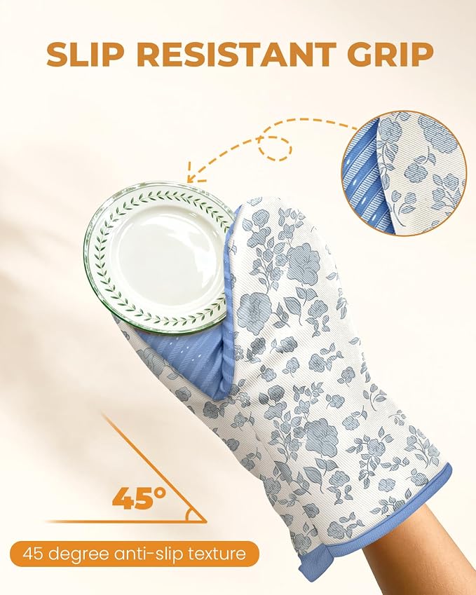 100% Thick Cotton Mini Oven Mitts Silicone Grip Blue Fresh Floral | Girly Cute Oven Mitts for Women, Machine Washable, Non-Slip, Reversible Design Fits Both Hands, Stylish Kitchen Decor