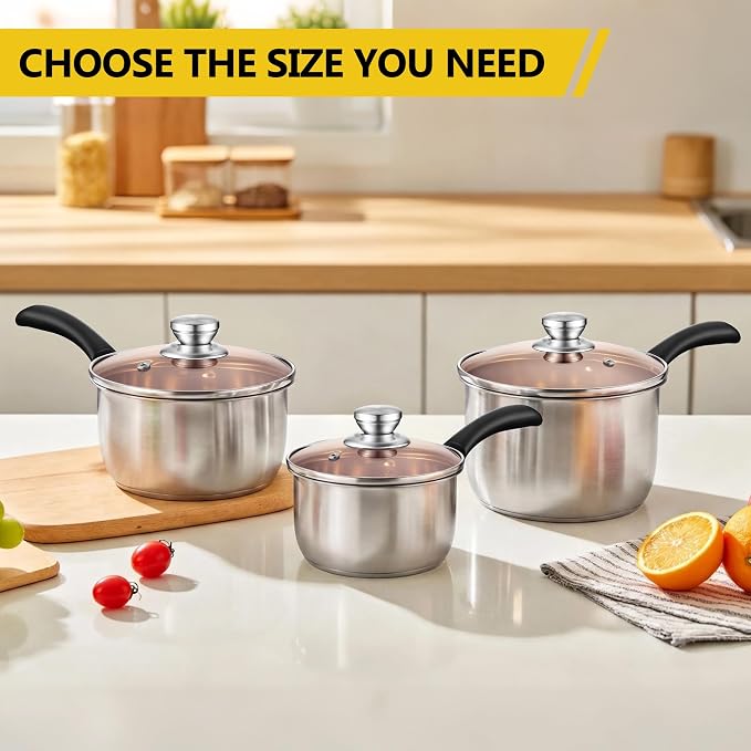 E-far Stainless Steel Saucepan Set of 3, 1 & 2 & 3 Quart Sauce Pan with Lid, Multipurpose Small Pot for Home Kitchen Restaurant Cooking, Dishwasher Safe