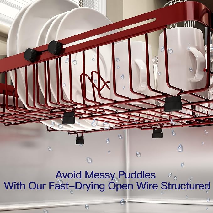 Red Dish Drying Rack Over The Sink with Utensil Holder | Expandable Stainless Steel Dish Drainer for Small Kitchen, Apartment, RV, Counter Space Saving, Perfect Fit, Rustproof