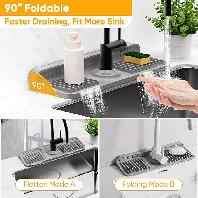 14.6 inch Faucet Mat for Kitchen Sink Splash Guard[7° Slope Fast Self-draining][Snap Lock Fit]Kitchen Sink Faucet Mat Splash Guard Kitchen Sink Area Water Splash Guard Behind Faucet Draining Mat