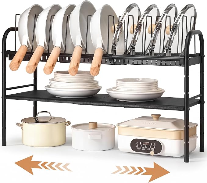HULISEN Pots and Pans Organizer Under Cabinet, 2-Tier Expandable Pot Rack | 10 Dividers for Lid Separation, 5-Level Adjustable Height, Kitchen Cookware Pan Holder Shelf, Carbon Steel Frame